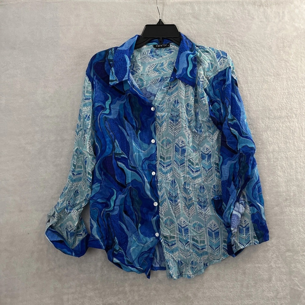 APNY Sz L  Shirt Double Print  Top Blue Blouse Sheer  Roll Tab Sleeves Coastal